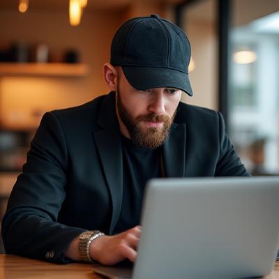 カフェで作業する洗練された男性